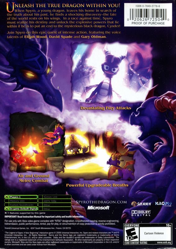 Back Cover for The Legend of Spyro: A New Beginning (Xbox)