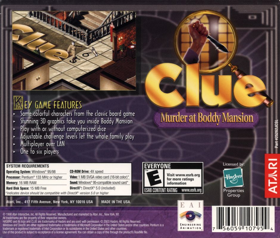 Back Cover for Clue: Murder at Boddy Mansion (Windows) (Atari release)