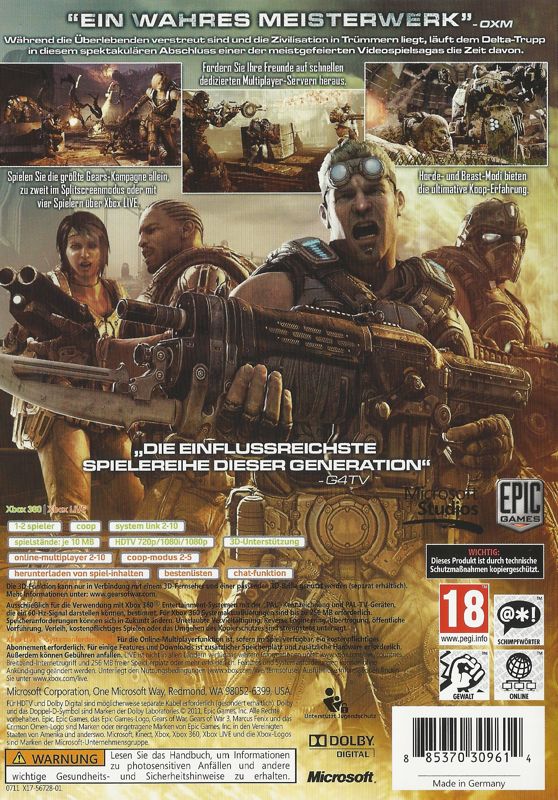 Back Cover for Gears of War 3 (Xbox 360)