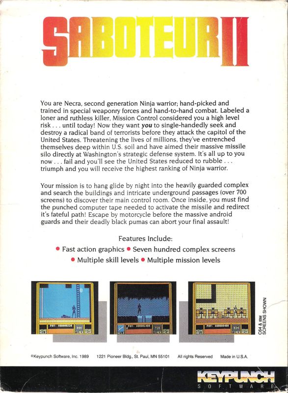 Back Cover for Saboteur II (Commodore 64 and DOS)