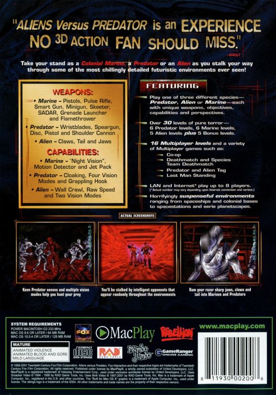 Back Cover for Aliens Versus Predator: Gold Edition (Macintosh)