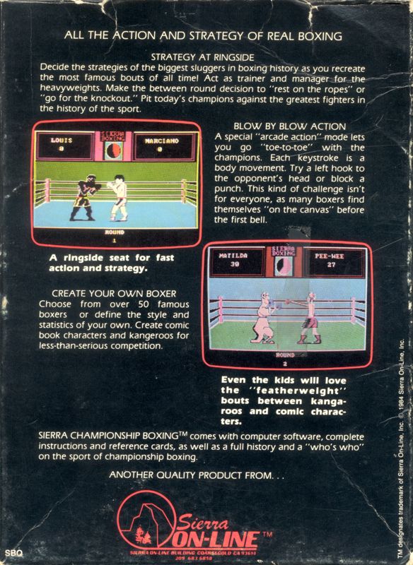 Back Cover for Sierra Championship Boxing (PC Booter)