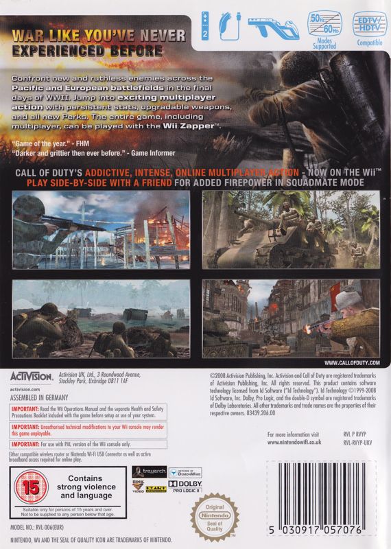 Back Cover for Call of Duty: World at War (Wii)