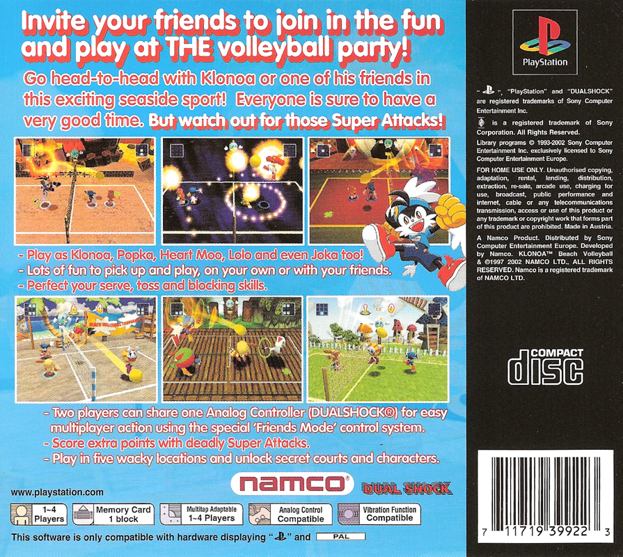 Back Cover for Klonoa Beach Volleyball (PlayStation)