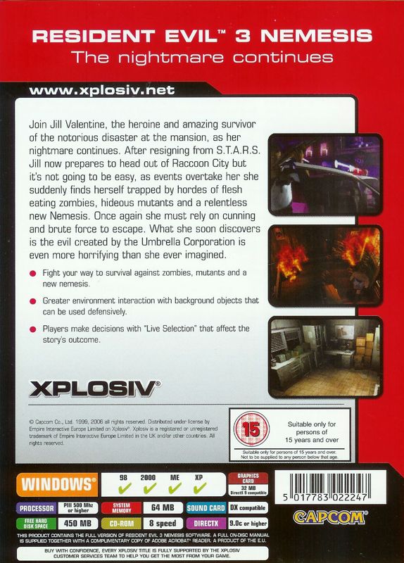 Back Cover for Resident Evil 3: Nemesis (Windows) (Xplosiv release)