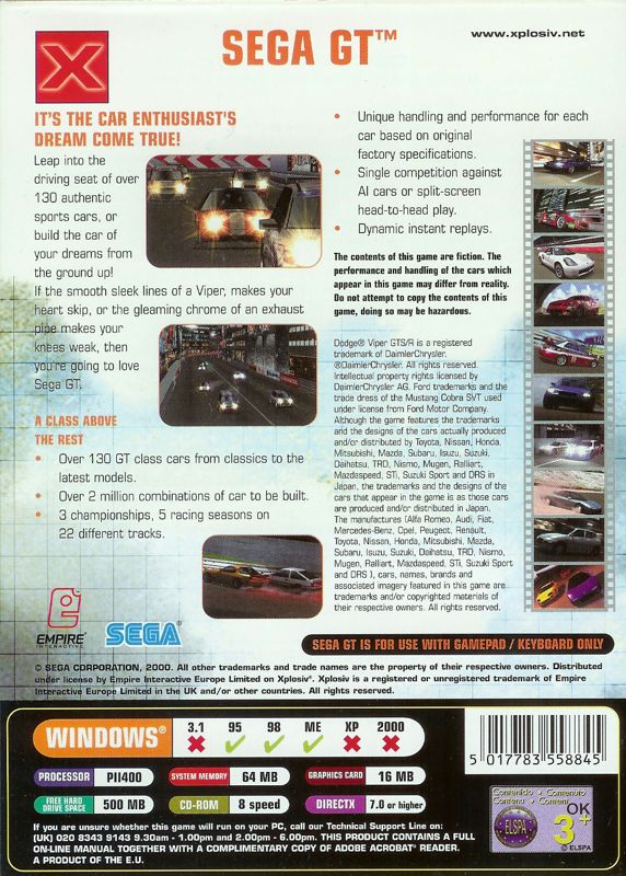 Back Cover for Sega GT (Windows) (Xplosiv release)