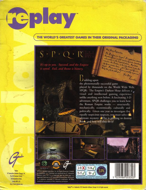 Back Cover for SPQR: The Empire's Darkest Hour (Windows and Windows 3.x) (Replay release)