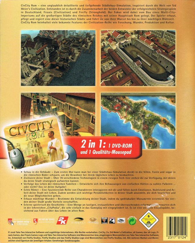 Back Cover for CivCity: Rome (Windows) (Tandem-Verlag release with exclusive mouse-pad included)