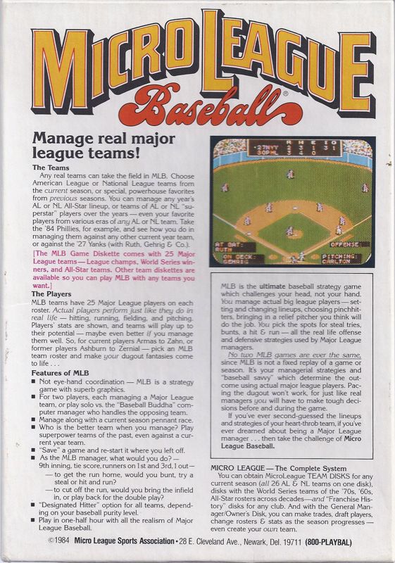 Back Cover for MicroLeague Baseball (PC Booter)