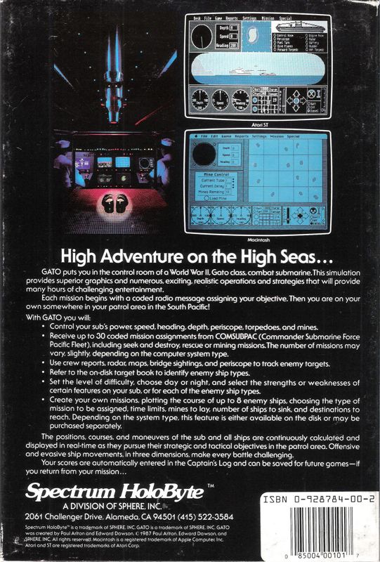 Back Cover for GATO (DOS) (1988 re-release (5.25"))