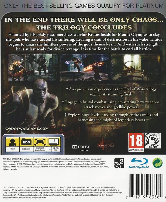 Back Cover for God of War III (PlayStation 3) (Platinum release)