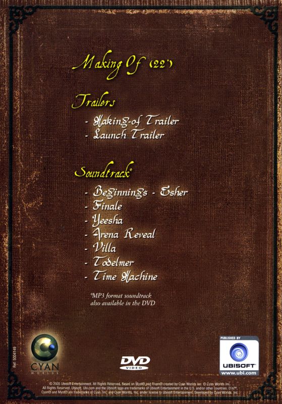 Other for Myst V: End of Ages (Limited Edition) (Windows): Keep Case (Bonus DVD) - Back