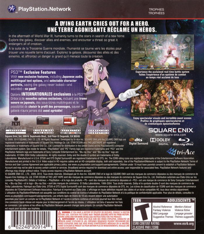 Back Cover for Star Ocean: The Last Hope - International (PlayStation 3)