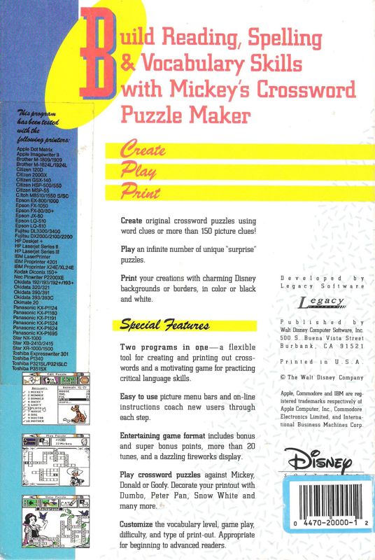 Back Cover for Mickey's Crossword Puzzle Maker (DOS) (Dual media release)