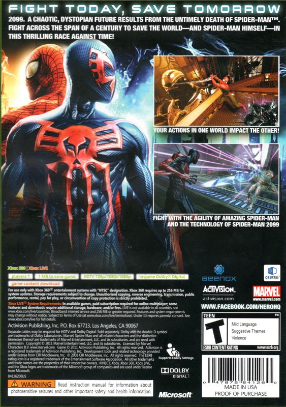Back Cover for Spider-Man: Edge of Time (Xbox 360)