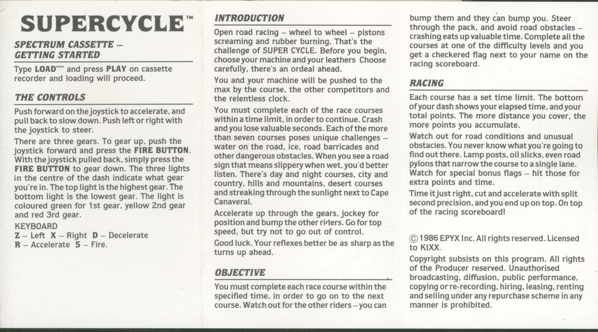 Manual for Super Cycle (ZX Spectrum) (Budget re-release)