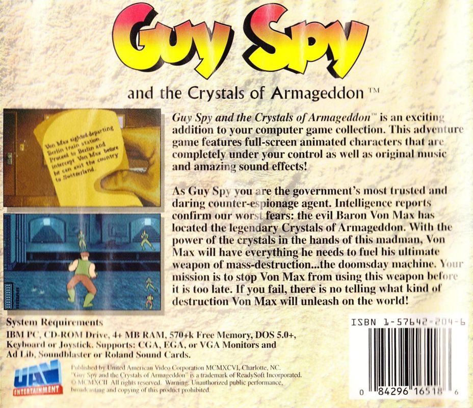 Back Cover for Guy Spy and the Crystals of Armageddon (DOS) (UAV release)