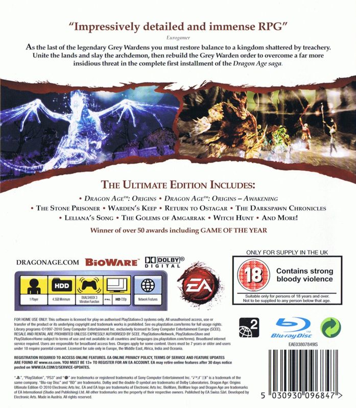 Back Cover for Dragon Age: Origins - Ultimate Edition (PlayStation 3)