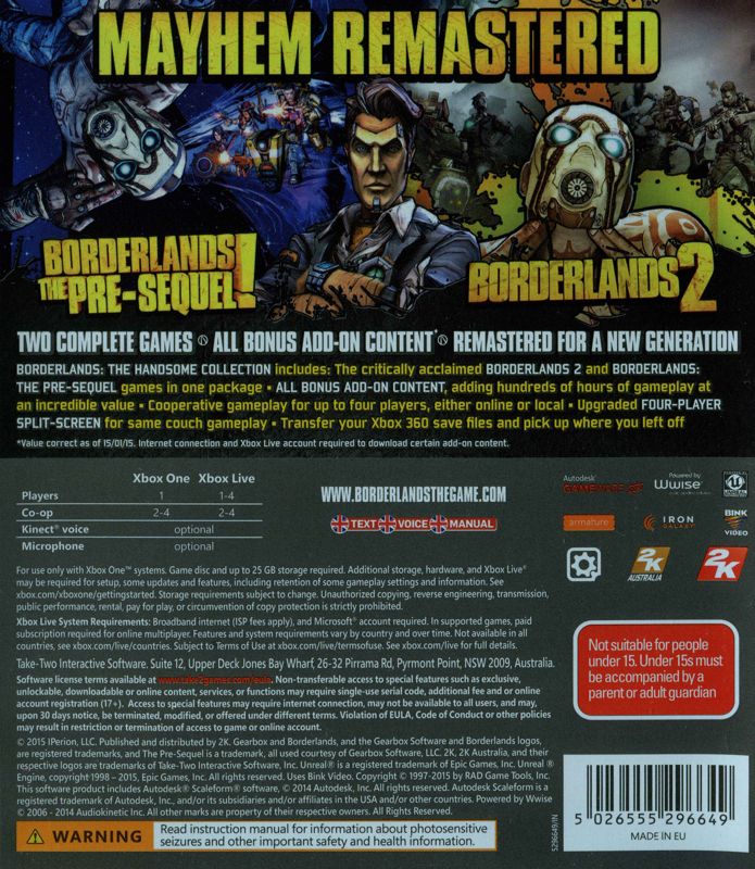 Back Cover for Borderlands: The Handsome Collection (Xbox One)