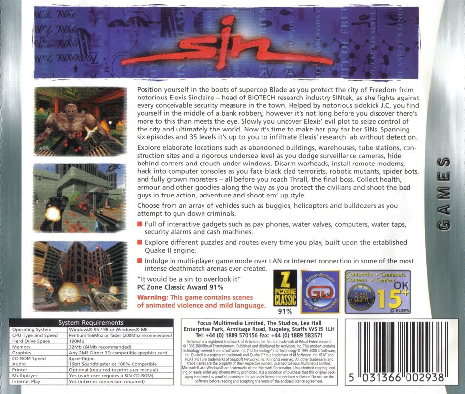 Back Cover for SiN (Windows) (Focus Multimedia 'Games' release)