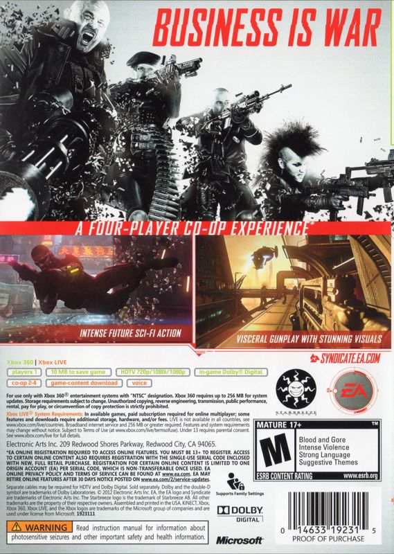 Back Cover for Syndicate (Xbox 360)