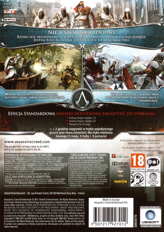 Back Cover for Assassin's Creed: Brotherhood (Windows)