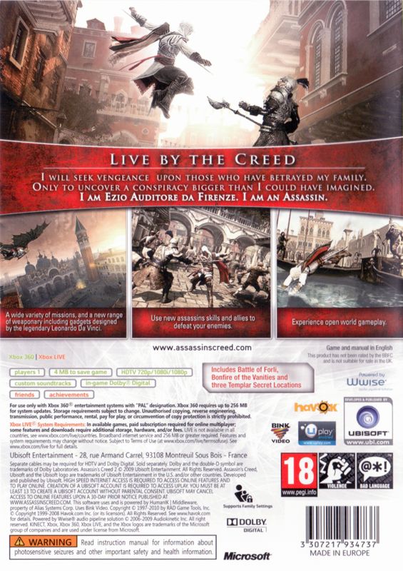 Back Cover for Assassin's Creed II: Game of the Year Edition (Xbox 360) (Xbox 360 Classics release)