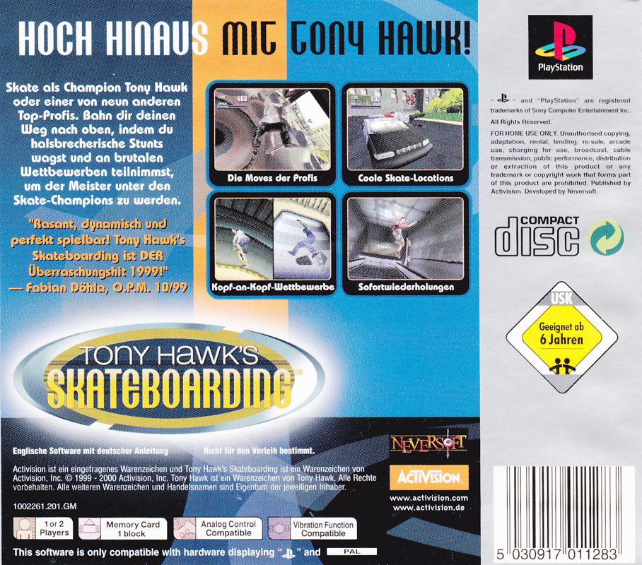 Back Cover for Tony Hawk's Pro Skater (PlayStation) (Platinum release)