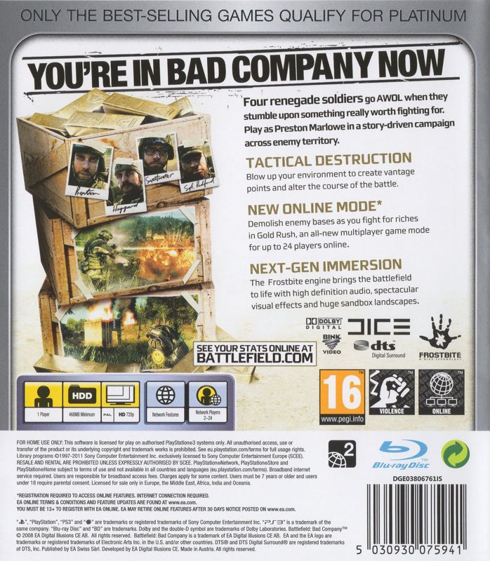 Back Cover for Battlefield: Bad Company (PlayStation 3) (Platinum release)