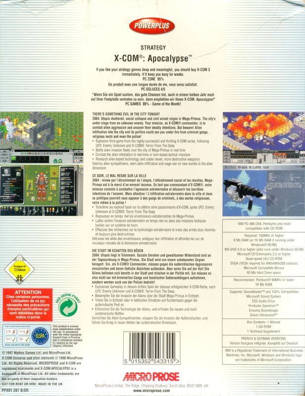 Back Cover for X-COM: Apocalypse (DOS and Windows) (Power Plus Release)