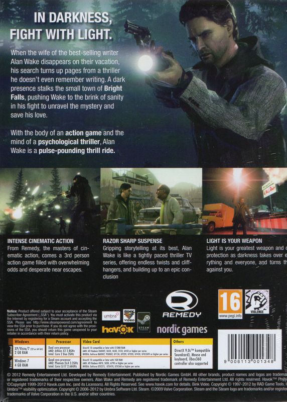Back Cover for Alan Wake (Collector's Edition) (Windows) (General European release)