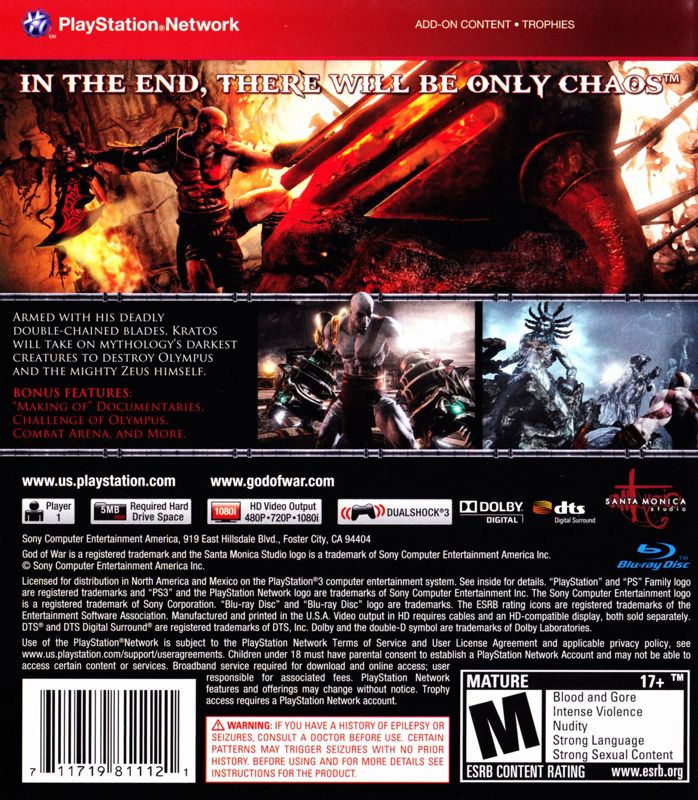 Back Cover for God of War III (PlayStation 3) (Greatest Hits release)