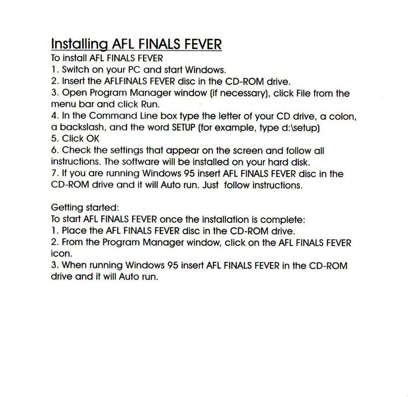 Other for AFL Finals Fever (Windows 3.x): Jewel Case - Inside - Back