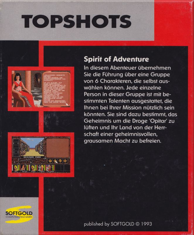 Back Cover for Spirit of Adventure (DOS) (TopShots release)