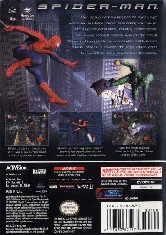 Back Cover for Spider-Man (GameCube) (Player's Choice release)