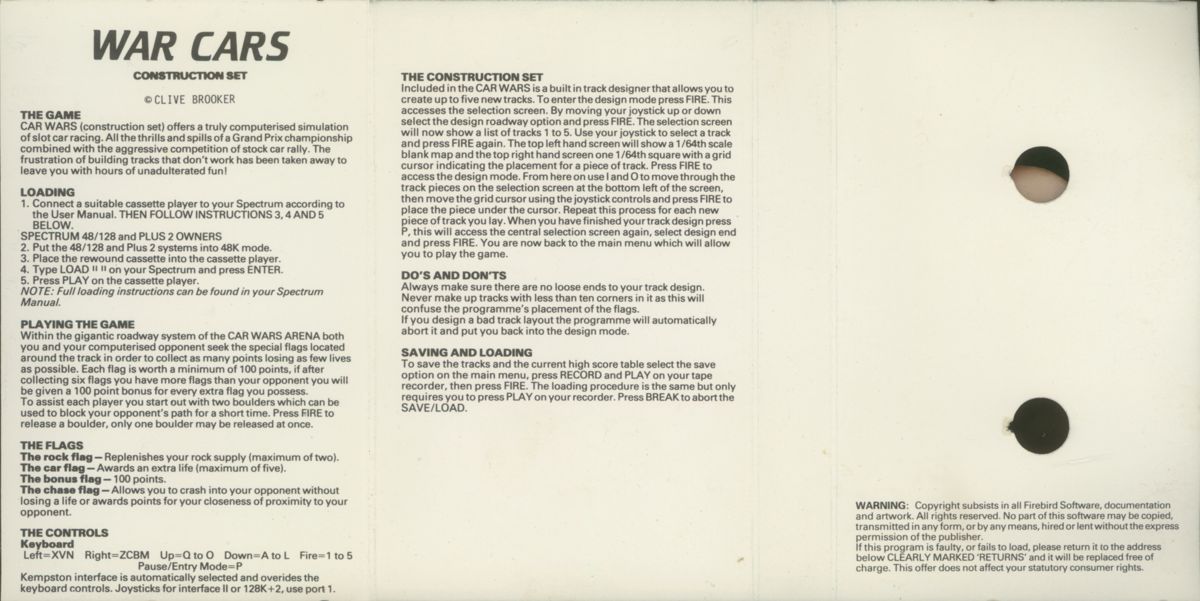 Inside Cover for War Cars Construction Set (ZX Spectrum)