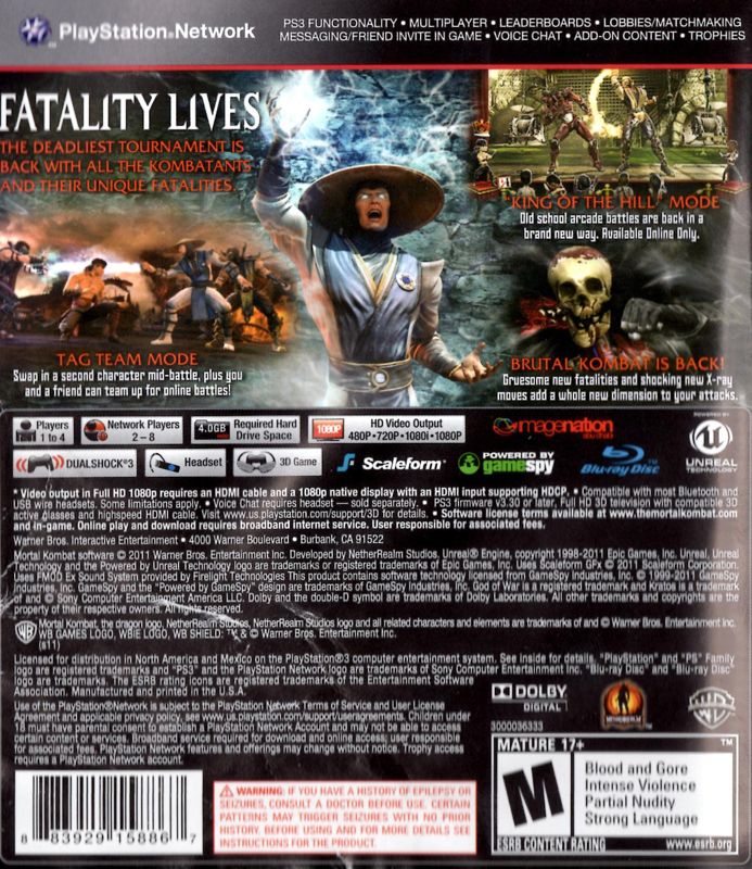 Back Cover for Mortal Kombat (PlayStation 3)