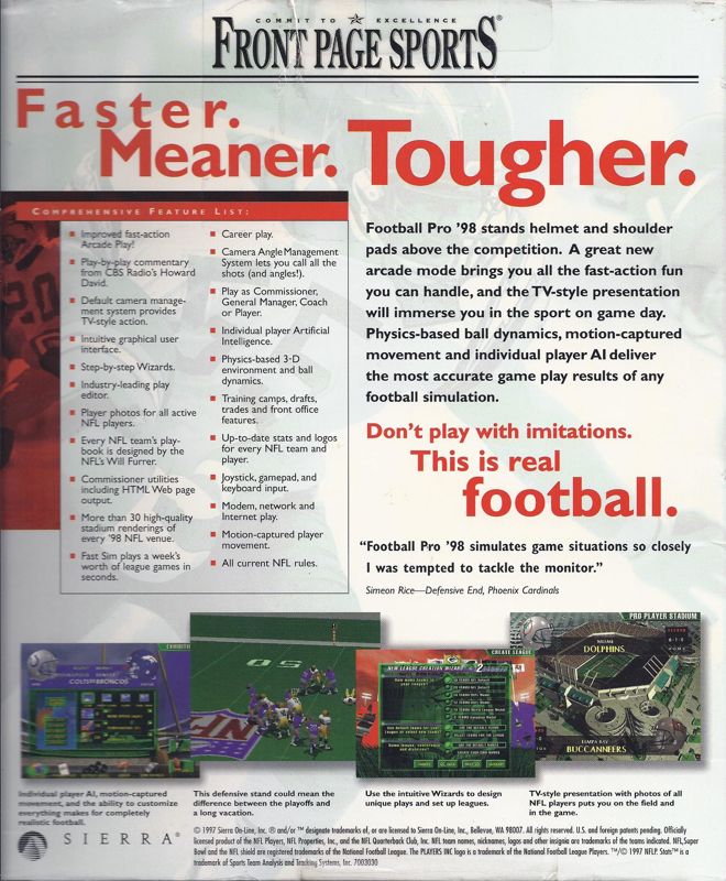 Back Cover for Front Page Sports: Football Pro '98 (Windows)