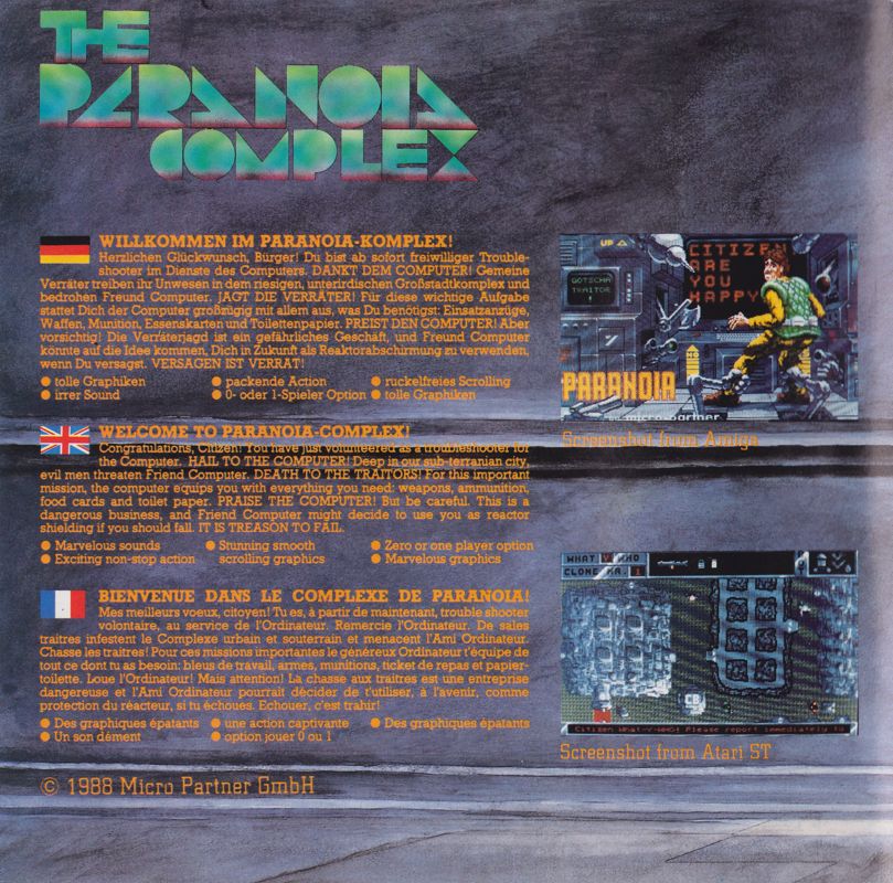 Back Cover for The Paranoia Complex (Amiga)