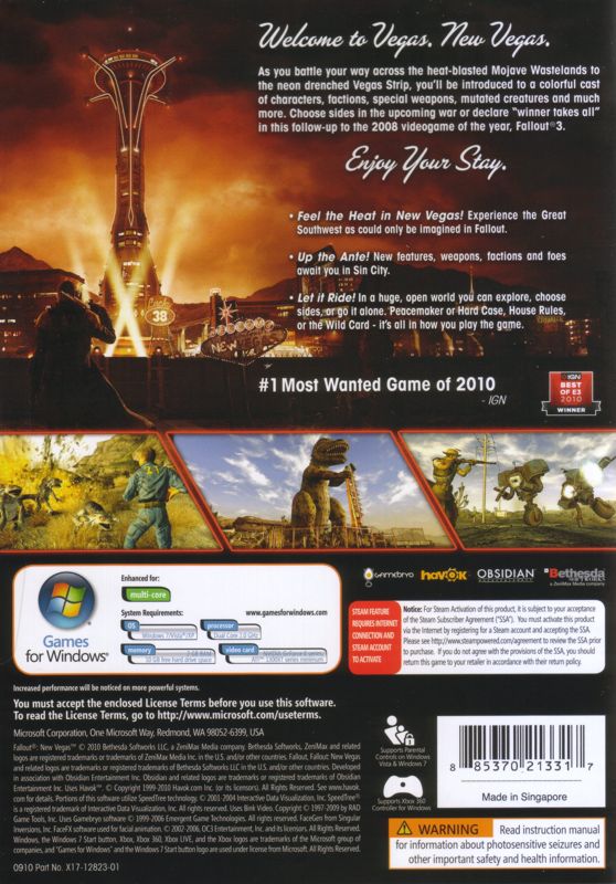 Back Cover for Fallout: New Vegas (Windows)