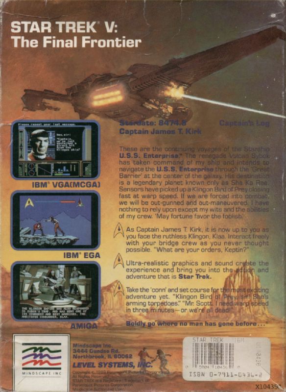 Back Cover for Star Trek V: The Final Frontier (DOS) (Disk Codes: DA10436-1 ~ DA10436-5)