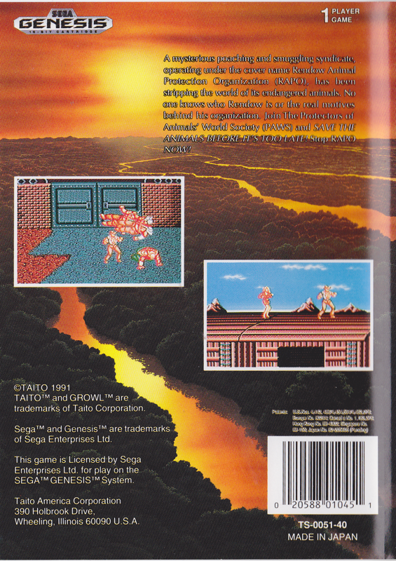 Back Cover for Growl (Genesis)