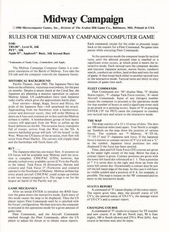 Manual for Midway Campaign (Apple II and Commodore PET/CBM and TRS-80): Front
