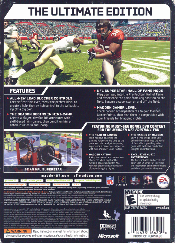 Back Cover for Madden NFL 07 (Hall of Fame Edition) (Xbox 360)