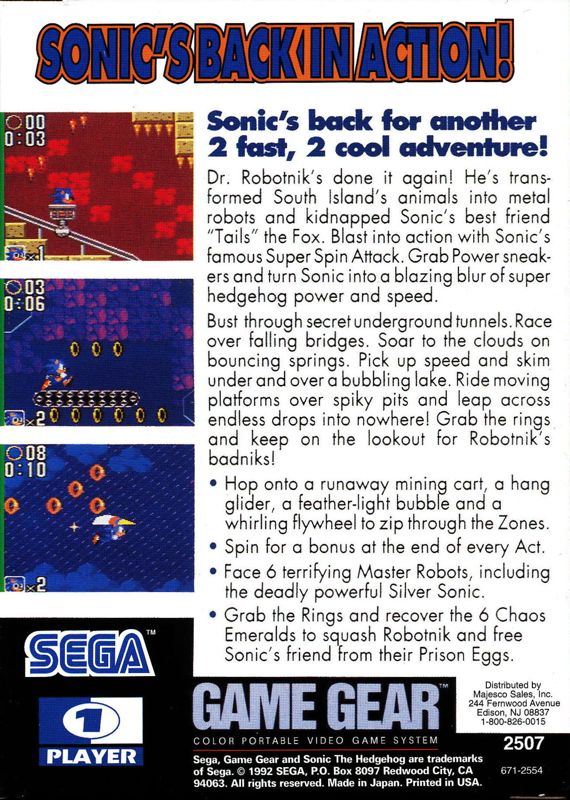 Front Cover for Sonic the Hedgehog 2 (Game Gear) (Majesco Sales re-release)