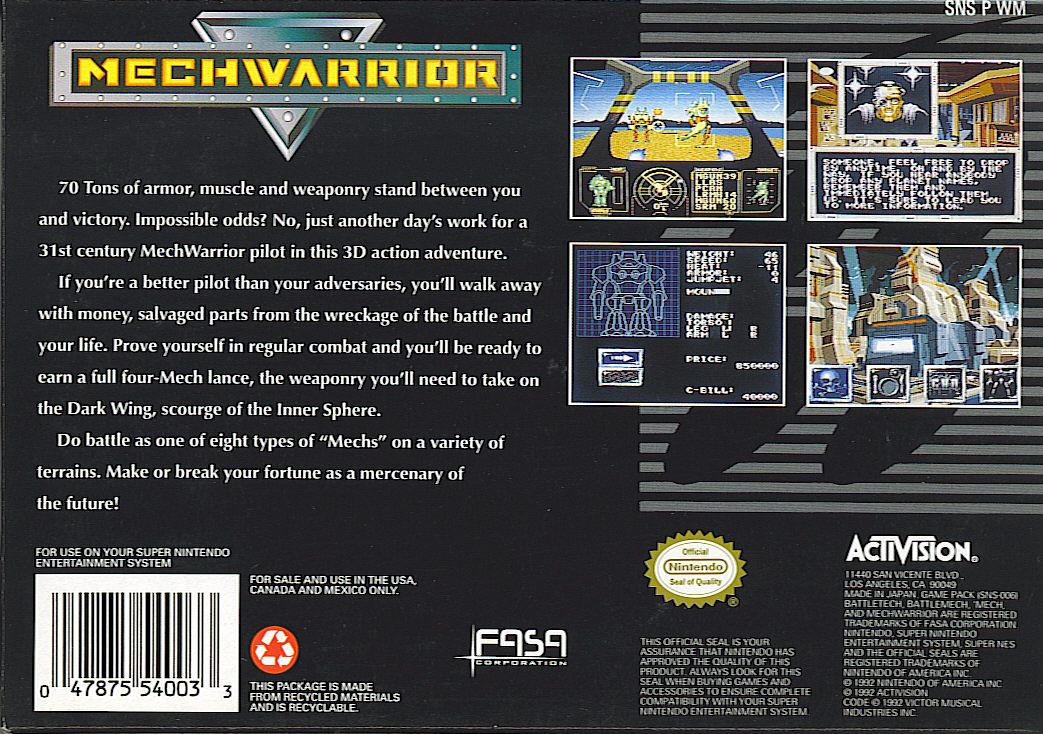 Back Cover for MechWarrior (SNES)