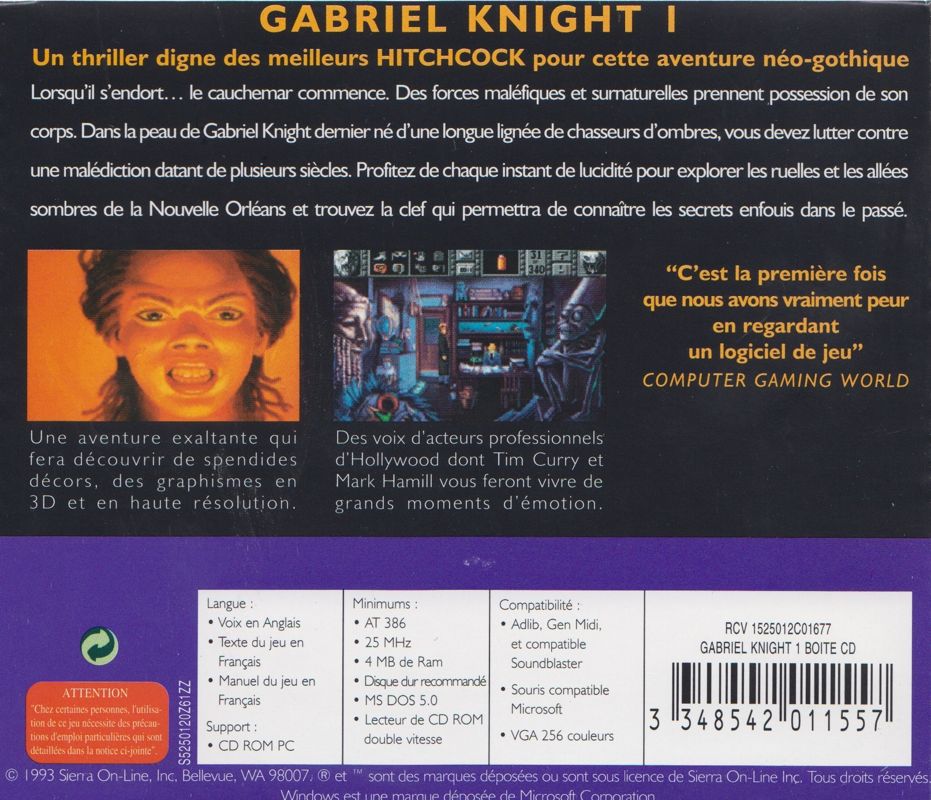 Other for Gabriel Knight: Sins of the Fathers (DOS and Windows and Windows 16-bit) (SierraOriginals release (1996)): Jewel Case - Back