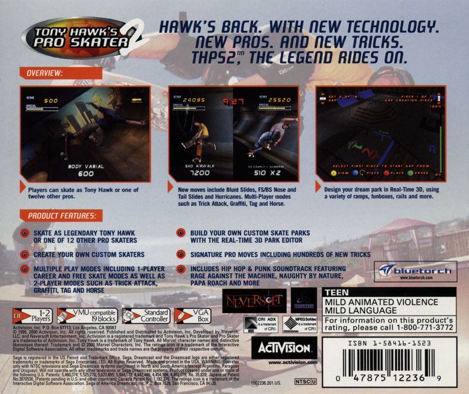 Back Cover for Tony Hawk's Pro Skater 2 (Dreamcast)