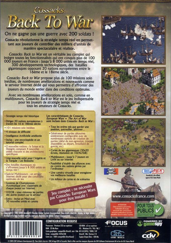 Back Cover for Cossacks: Back to War (Windows) (Focus' Play Good Games!/Collection Stratégie 2005 re-release)