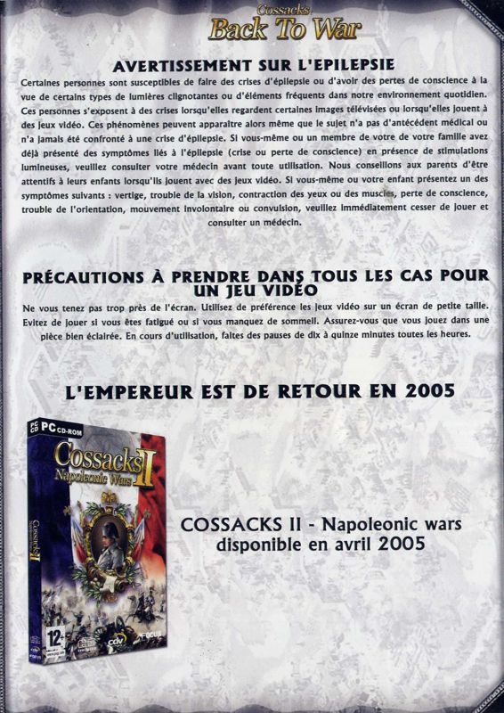 Inside Cover for Cossacks: Back to War (Windows) (Focus' Play Good Games!/Collection Stratégie 2005 re-release): Right side